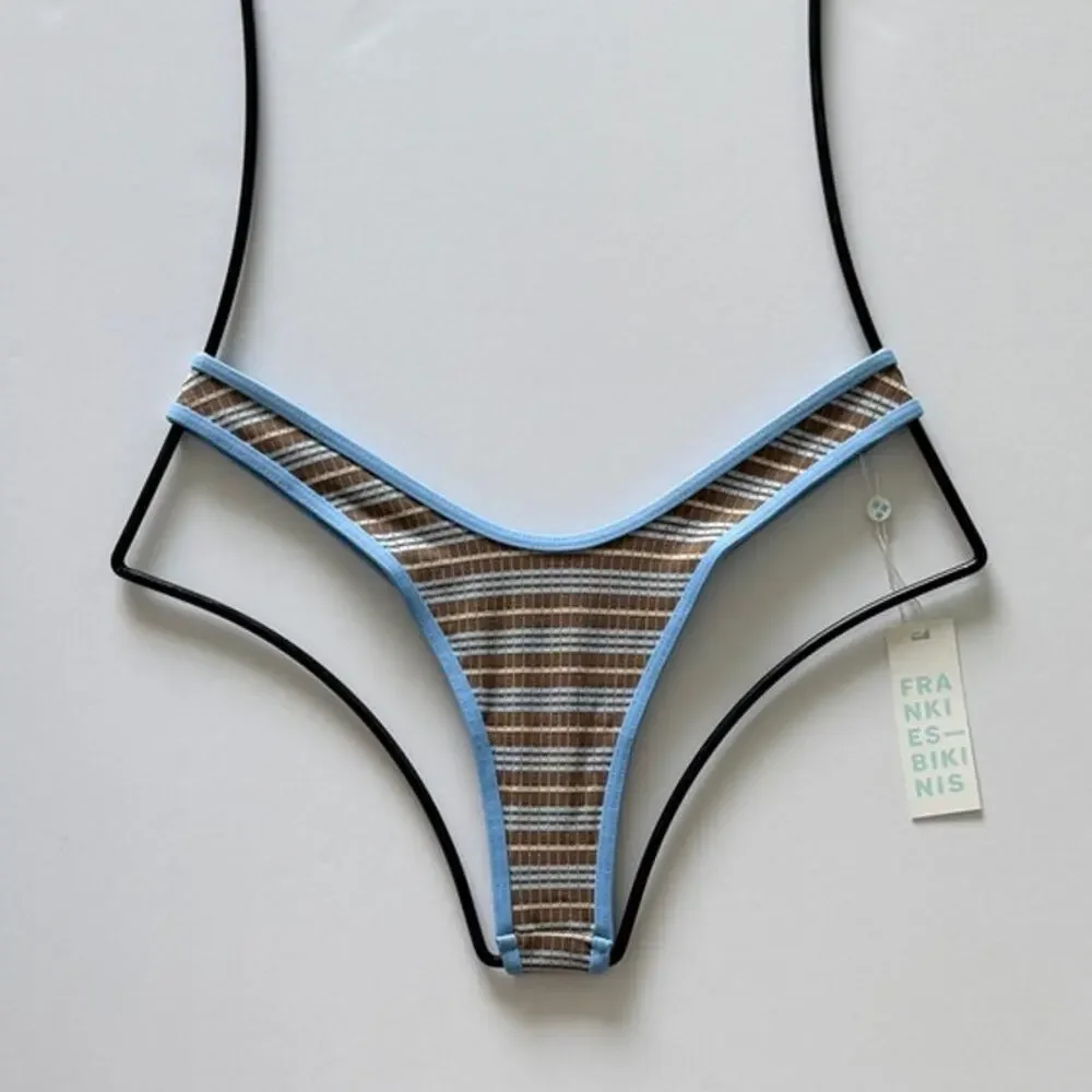 Frankie’s Bikinis Full Moon Striped Micro Bikini Bottom - Ocean Stone - M - NWT